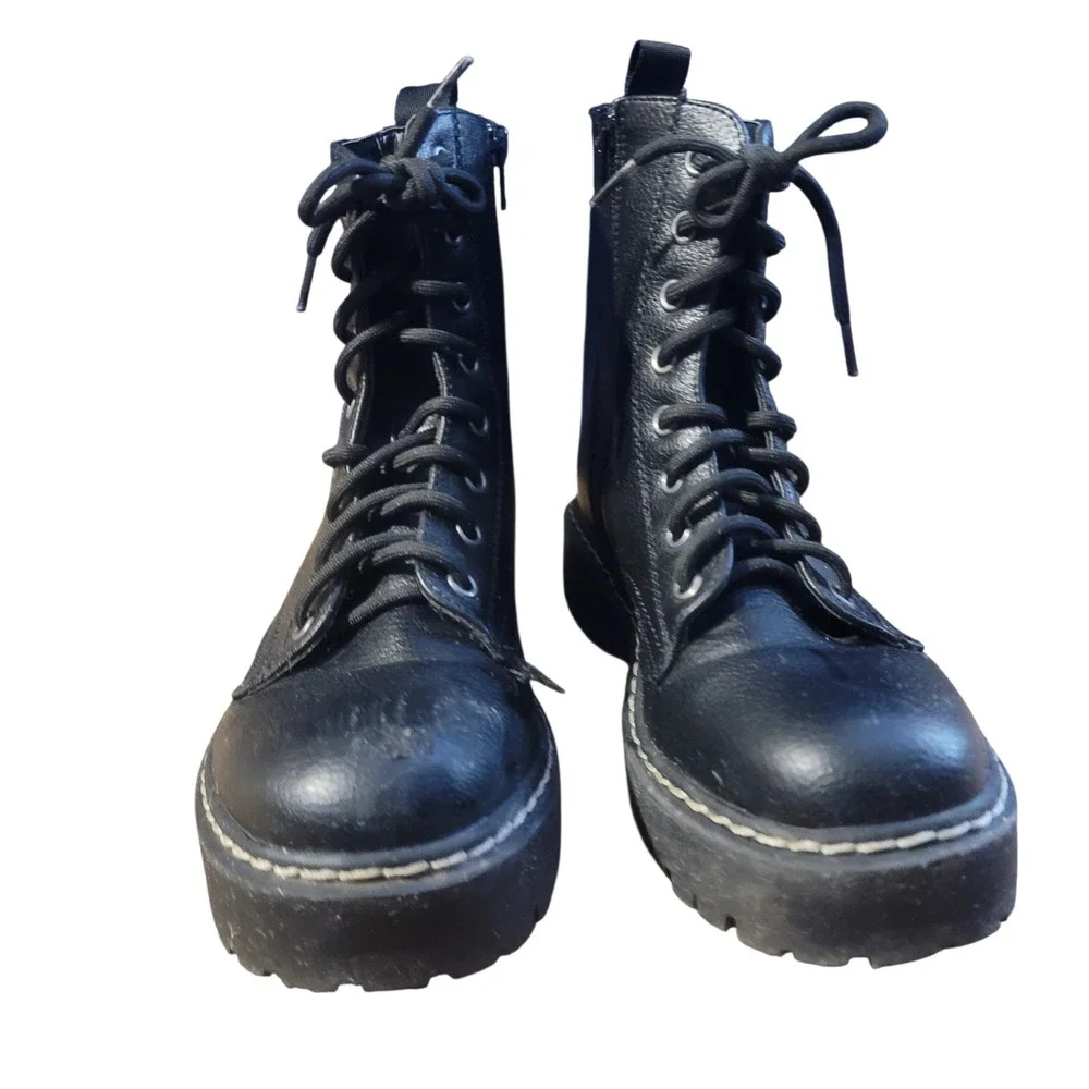 Sincerely Jules Harley 2 Black Leather Ankle Combat Boots Lace/Zip Up‎ Sz 7M - Picture 3 of 10